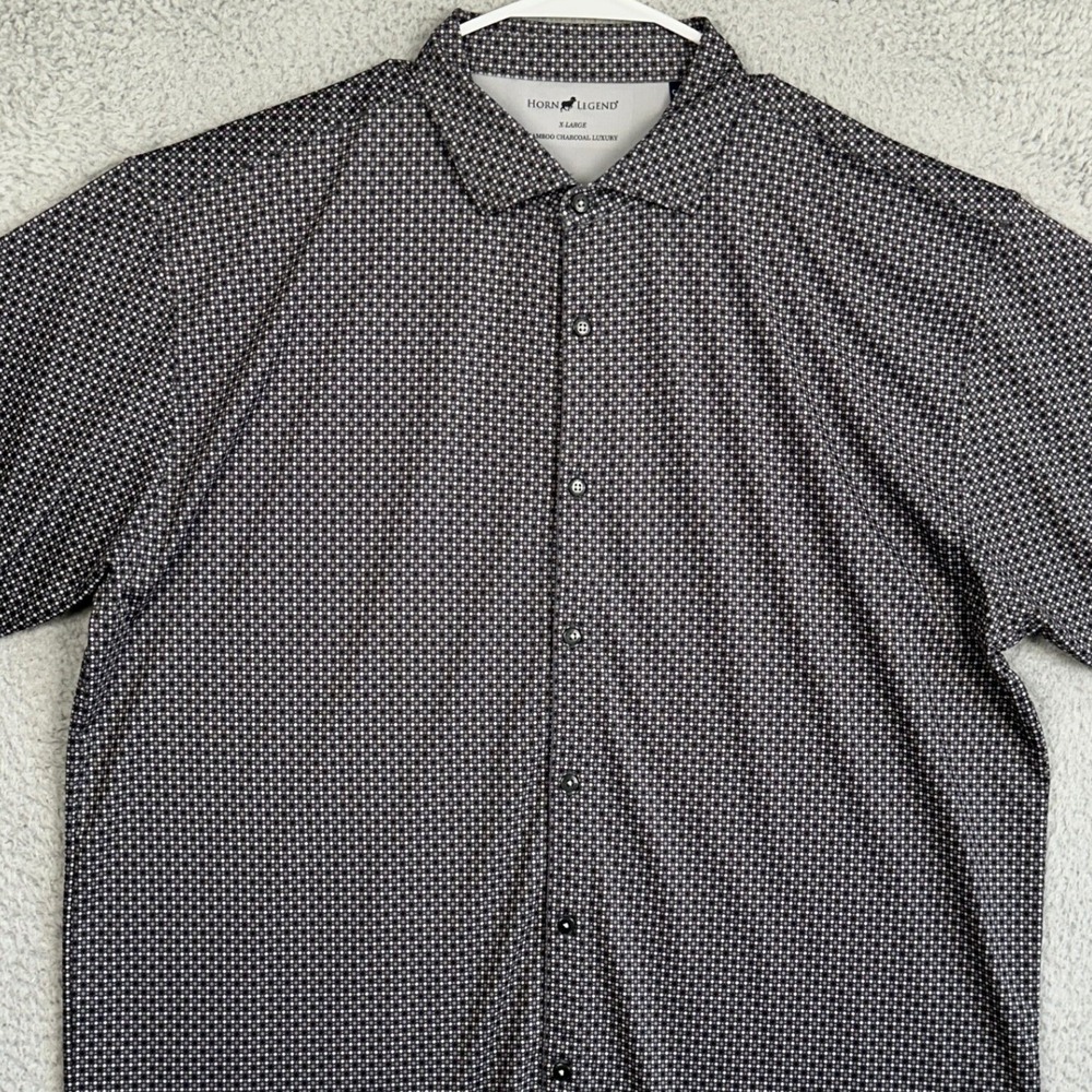 Horn Legend Shirt Mens XL Grey Bamboo Charcoal Luxury Button Up Geometric Print